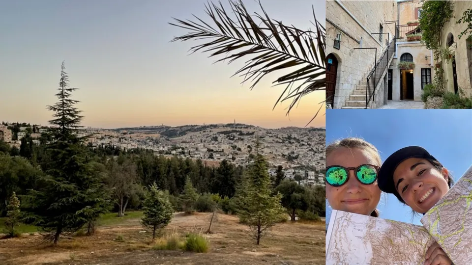 Collage of pictures from Semester in Jerusalem student. Left: landscape view of Jerusalem. Top Right: Old building steps. Bottom Right: Two Semester in Jerusalem students holding up maps.