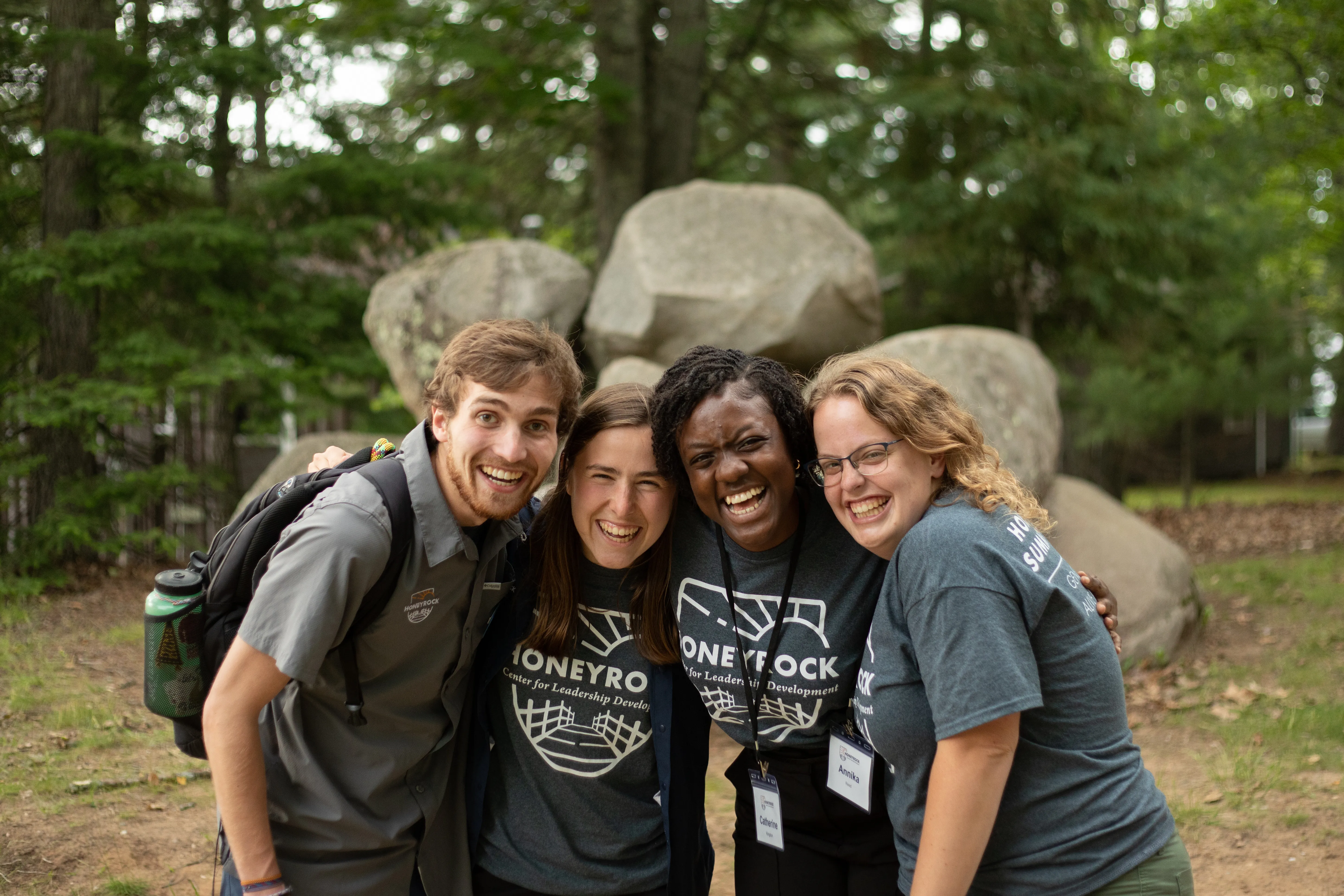 A group of Summer Staff wearing HoneyRock shirts