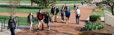 Group of grad students walking on brick path