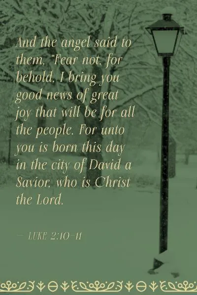 A streetlamp stands among snow-covered trees. Text - Luke 2:10-11