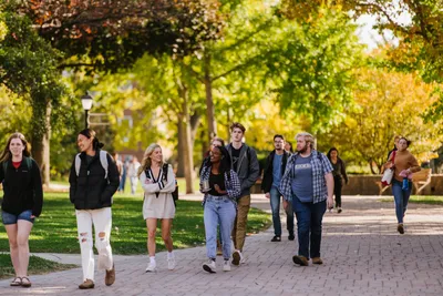 Group of students walking on campus in fall with yellow trees