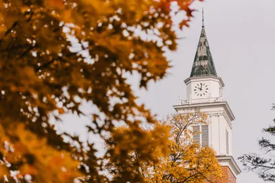 Edman Chapel Clock Tower with Fall Leaves
