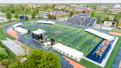 Wheaton College 2021 Undergraduate Commencement aerial shot of McCully Stadium