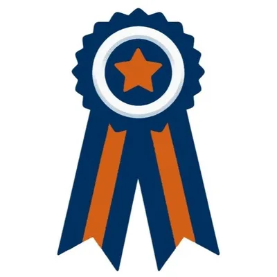 Clipart image of an award ribbon in navy and orange.