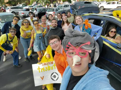 A group of students dressed up as characters in a movie