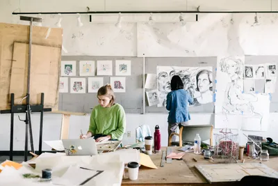 Wheaton College IL Art Students Working in Studio