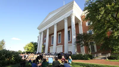 Billy Graham Hall in Wheaton IL 600x338 front of building at picnic
