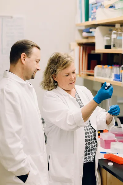 Two faculty researching in a lab in Meyer Science Center.