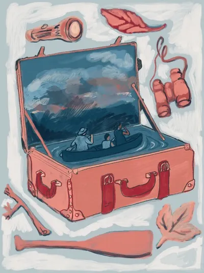an artistic open suitcase with a canoe paddling inside