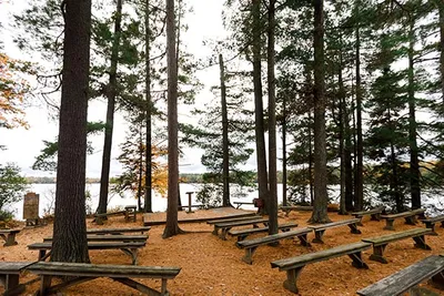 A few benches by a lake in the woods