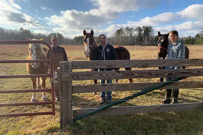 Four men standing by horses on a farm