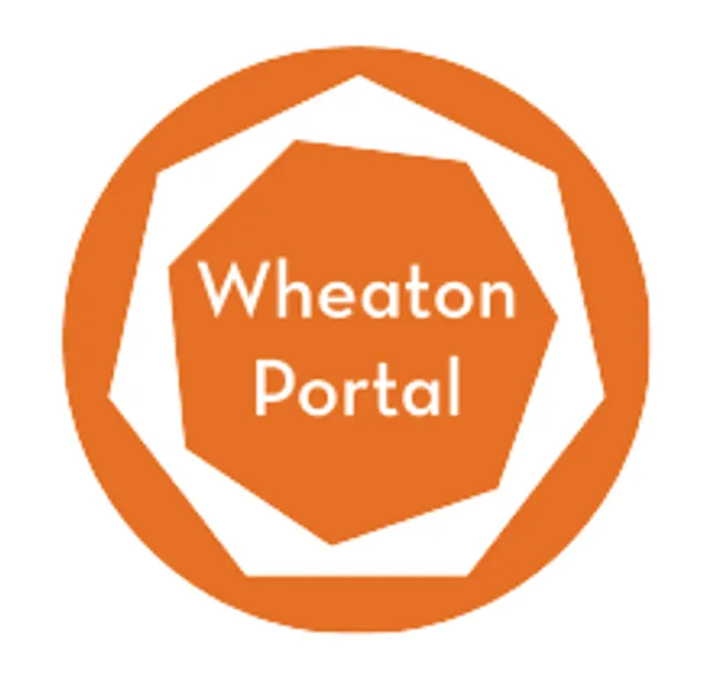 An orange circle with a white polygon inside and the words Wheaton Portal