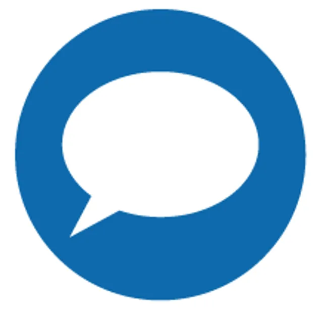 A blue circle with a white speech bubble inside