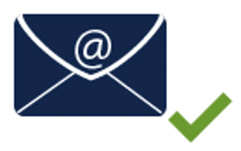 An icon of an envelope with an @ symbol on it, with a green check mark next to it