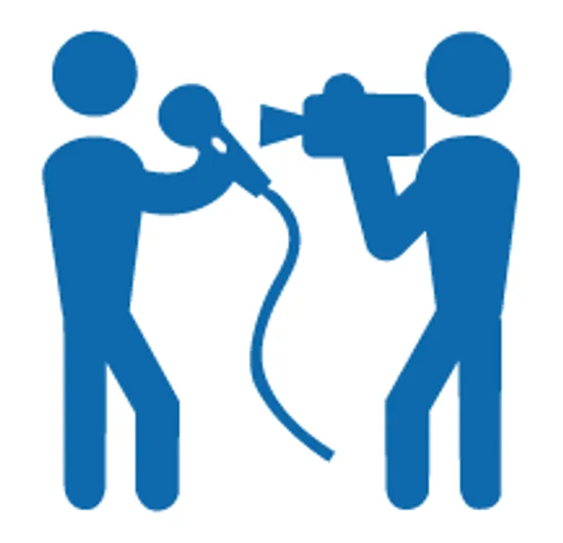 An icon of a person with a microphone being filmed by another person