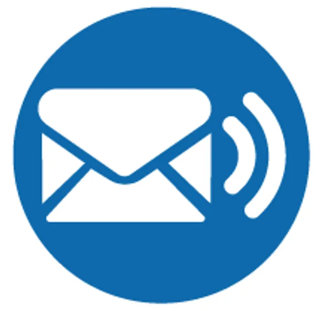 A blue circle with a white envelope with a wireless signal inside