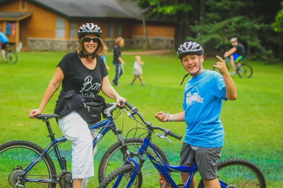 mom and son on bike
