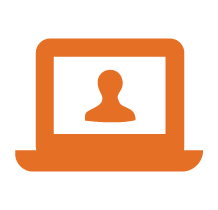 An orange icon of a computer with a person's profile inside