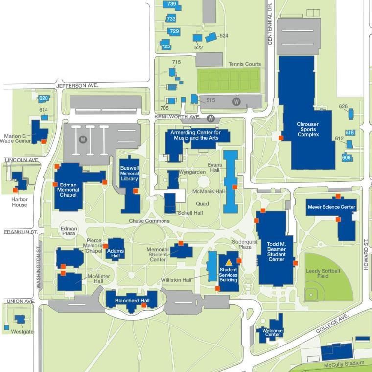 campus map blue buildings