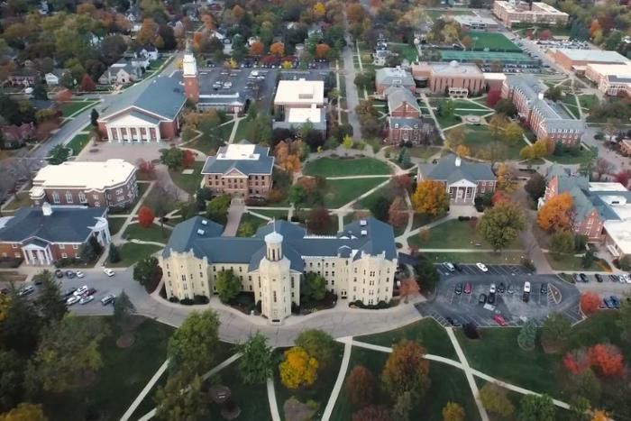 Aerial view of Blanchard Hall and campus