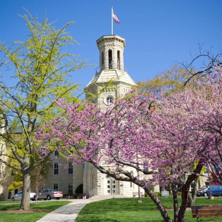 Blanchard Hall with Spring Trees Wheaton College IL