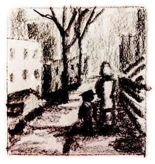 Charcoal sketch of young Asher with his mother walking down the street