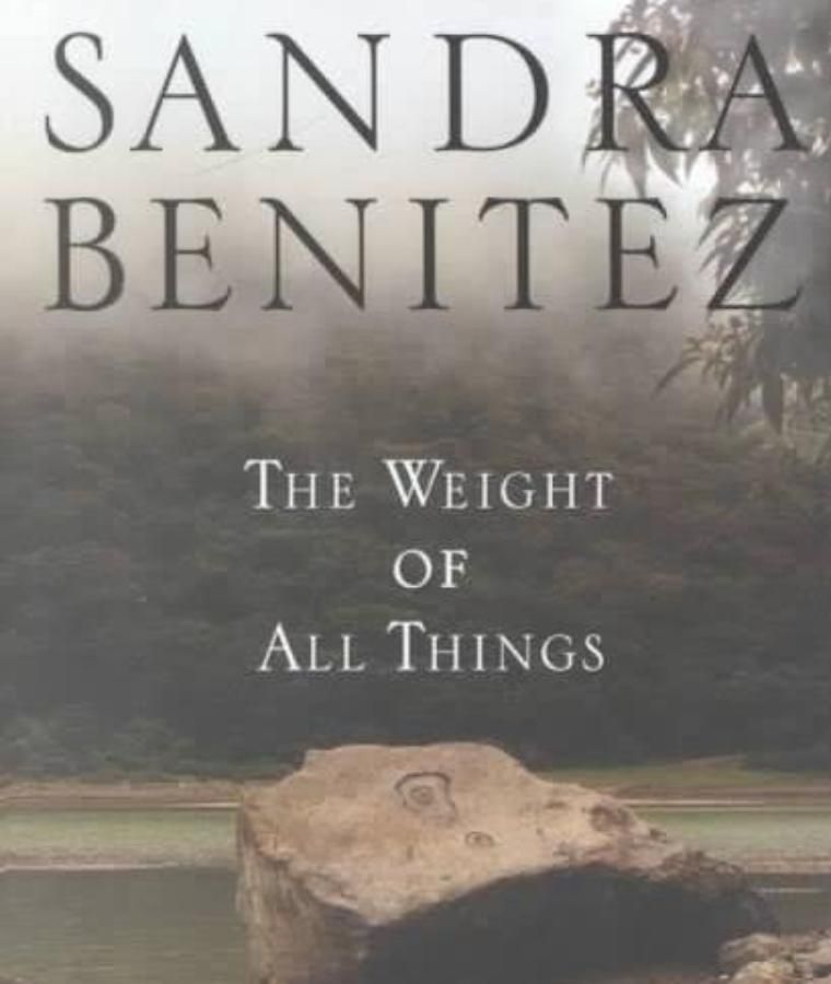 Cover of The Weight of All Things by Sandra Benitez, showing a large rock resting by a river.