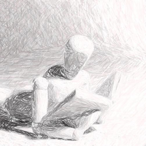 Pencil sketch of a wooden drawing figure reading a book