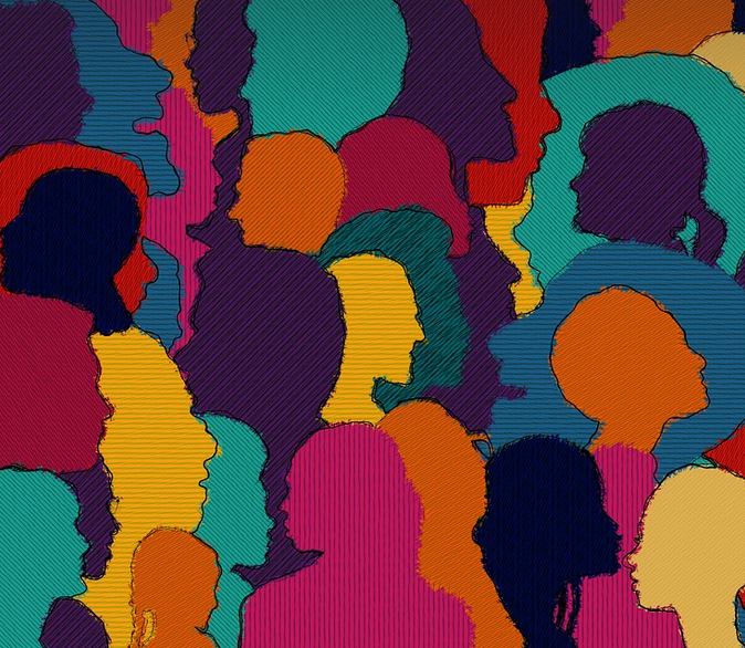 Colorful collage of people's heads in profile