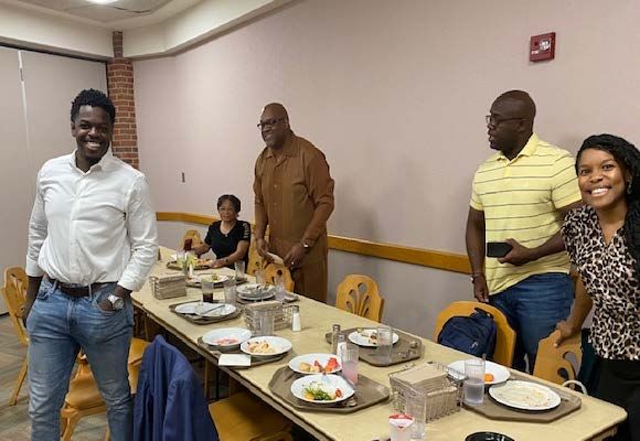 Wheaton Hosts Luncheon For African American Pastors -- Several pastors from urban churches were part of an urban ministries class in July ’22. Intercultural Engagement enjoyed lunch and fellowship with them during their class lunch break. Pictured from left to right – Rev. Tim Quainoo, Chicago; Ms. Billye Kee, Office of Multicultural Development; Wheaton College Chaplain, Dr. Angulus Wilson; Dr. Esau McCaulley, Wheaton Assistant Professor of New Testament & author of "Reading While Black"; and Tiffany Egler, Intercultural Engagement Administrative Assistant. Not pictured – Rev. John Jenkins, Baltimore, MD; and Rev. Charles Meeks, Chicago.