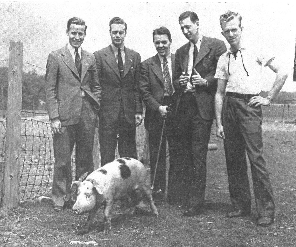 Five seniors—including Dr. Hudson T. Armerding ’41—borrow a pig for the annual rodeo roundup hosted by the junior class.