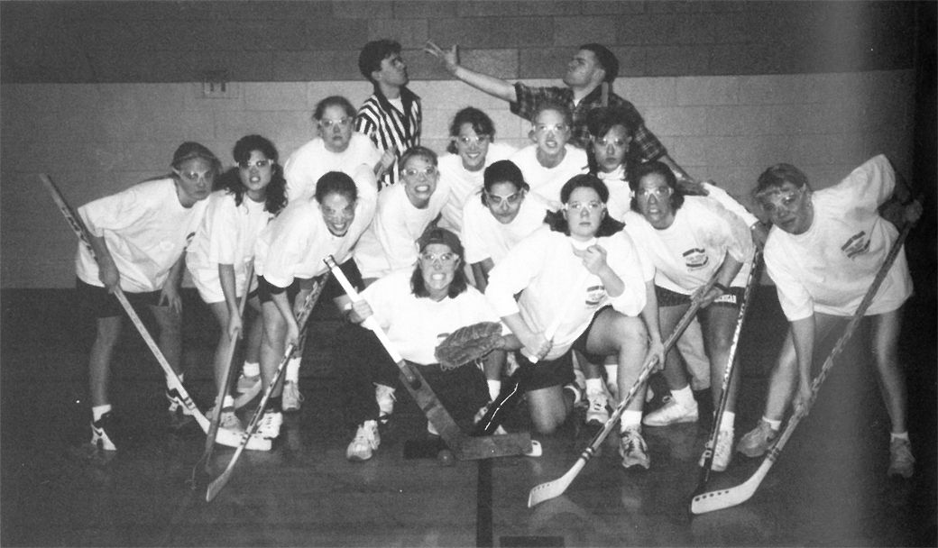 The senior women’s floor hockey team after their Wheaton College intramurals championship win.