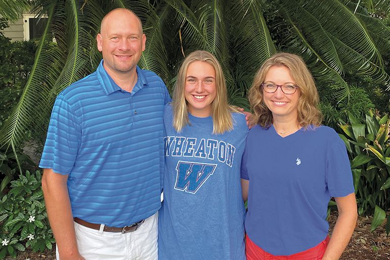 Ellie Shafer is pictured here with her parents, Jeff and Shelly Shafer ’96; her great-great grandmother was Corinne Smith ’37, after whom Smith-
Traber is named, Wheaton’s first Dean of Women; grandparents John McGill ’32 and Sue Smith ’33 are alumni.