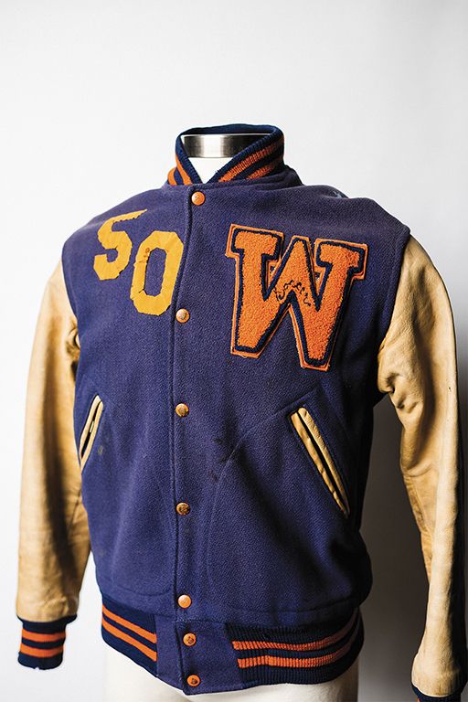 These jackets, also called varsity jackets, were
worn by male athletes on campus. Athletes who
“lettered,” that is, were awarded a letter in a sport,
would sew the letter on their jackets.