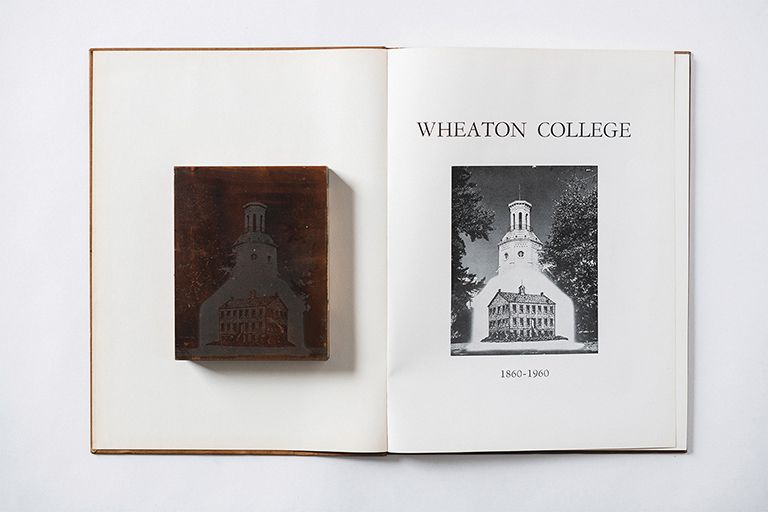 Negative images were burned onto copper blocks
for use in printing books, pamphlets, and other
materials. This plate depicts the original Illinois
Institute as it stood in Blanchard Hall, and was used
to commemorate a special centennial edition of
The
Tower yearbook in 1960.