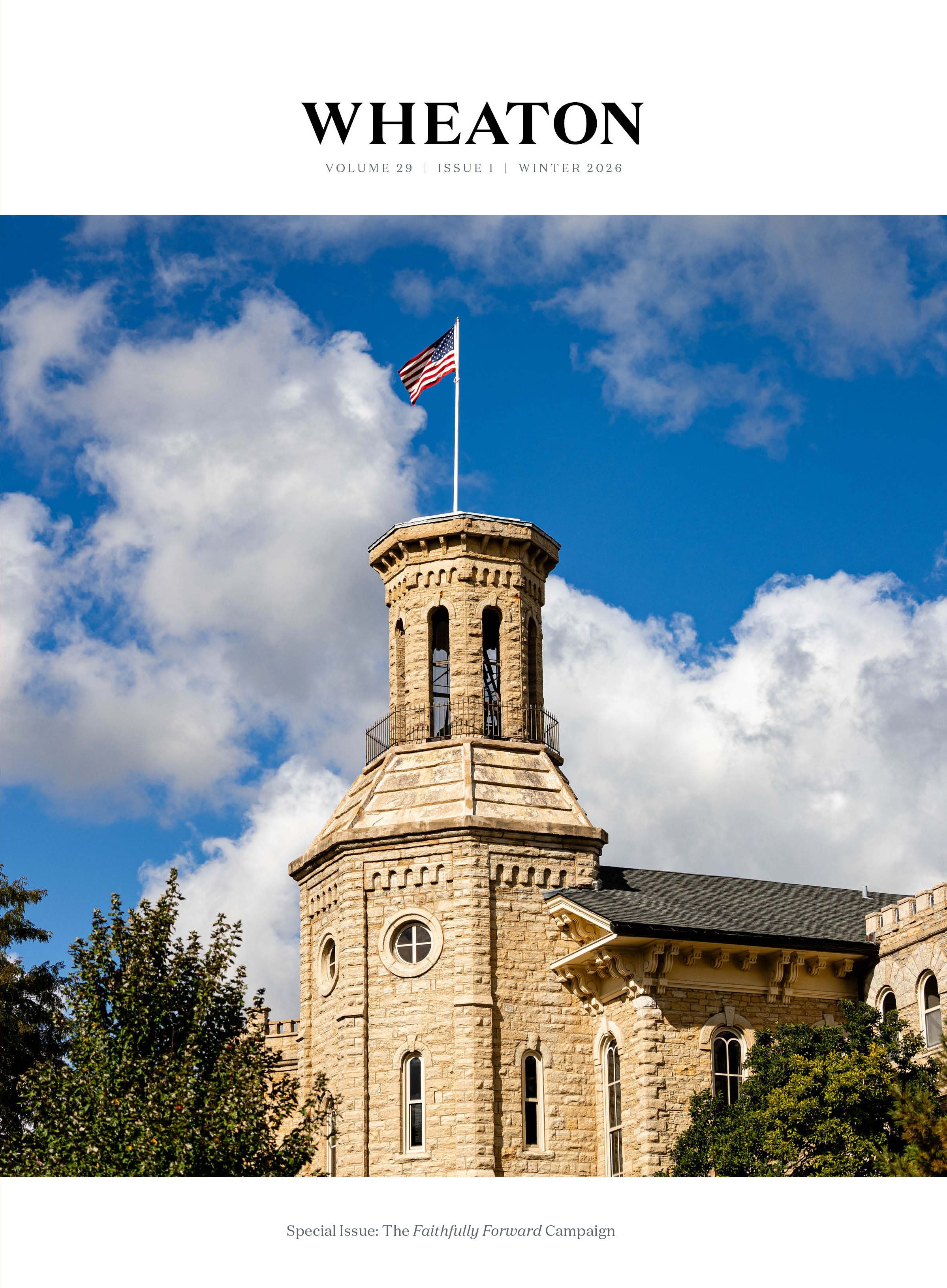 Cover of Wheaton Magazine featuring Blanchard Hall bell tower