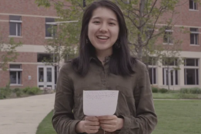 Wheaton College Senior Student Cindy reads letter written to herself as freshman