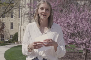 Wheaton College IL Senior Lydia reads letter written to herself as a freshman