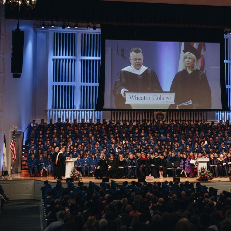  Andrew Brunson and Norine Brunson speaking at Commencement