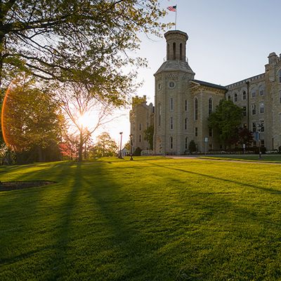 photo of Blanchard Hall lawn at sunset