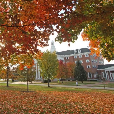 Billy Graham Center with autumn leaves