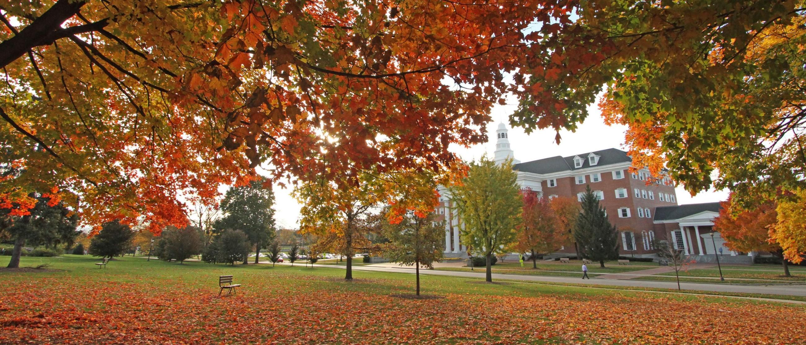 Billy Graham Center with autumn leaves