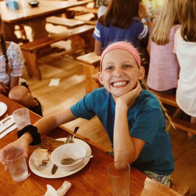 Campers gather in the Dining Hall and eat together as a cabin for breakfast, lunch, and dinner.