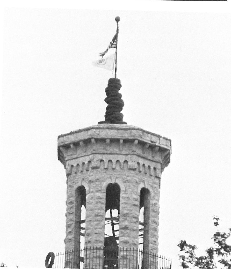 Students climbed the Blanchard bell tower and managed to place nearly a dozen rubber tires (weighing over 600 pounds) around the flagpole.