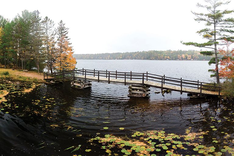 The bridge—originally built during the summer of 1954 by Milt Seifert and
his crew of engineers —is a popular location for send-off s, conversations,
star-gazing, and marriage proposals at the College’s outdoor wilderness
site, HoneyRock Center for Leadership Development, founded by
Harvey ’34 and Dorothy McDonald Chrouser ’34. The bridge is the portal
to Cathedral Pines, a location known among HoneyRockers to be a truly
sacred place apart.